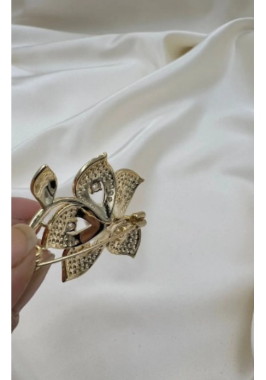 Bb Altın Kaplama İncili Çiçek Broş Altın - Beyaz