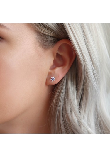 925 Ayar Gümüş Mor Taşlı Minimal Lotus Küpe Gümüş