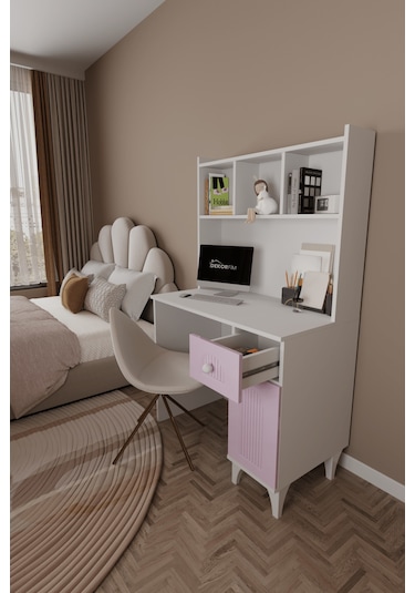Df09105 Çekmeceli Kapaklı Kitaplıklı Çalışma Masası Bilgisayar Masası Pembe
