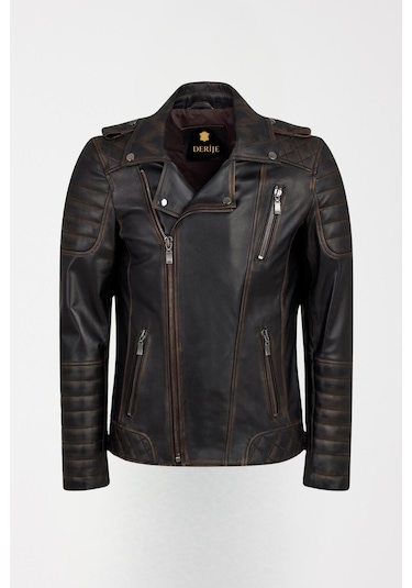 Derije Modric Hakiki Deri Erkek Vintage Eskitme Biker Motorcu Tarzı Mont