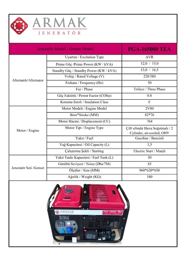 Armak PGA-16500 TEA 16.5 KVA Benzinli Trifaze Portatif Jeneratör