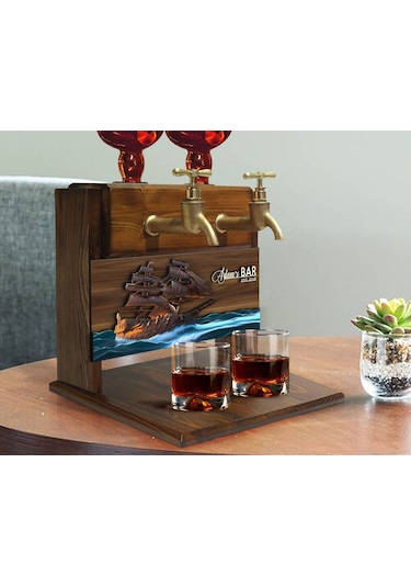 Bk Gift Kişiye Özel Kabartma Gemi Tasarımlı Çift Musluklu Doğal Ahşap İçki Standı-10, İçki Standı, Doğum Günü Hediyesi, Ev Hediyesi, Erkek Hediye Bitm