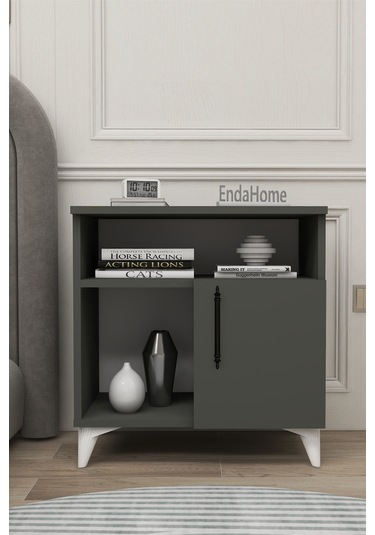 Vela Tek Kapaklı 2 Açık Bölmeli Komodin & Şifonyer Yatak Odası Başucu Düzenleyici Komidin - Antrasit