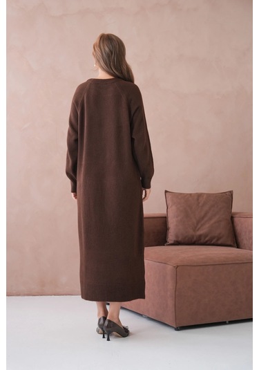 Kadın Bisiklet Yaka Yumuşak Dokulu Maksi Boy Şardonlu Oversize Triko Elbise 8324sw Kahve