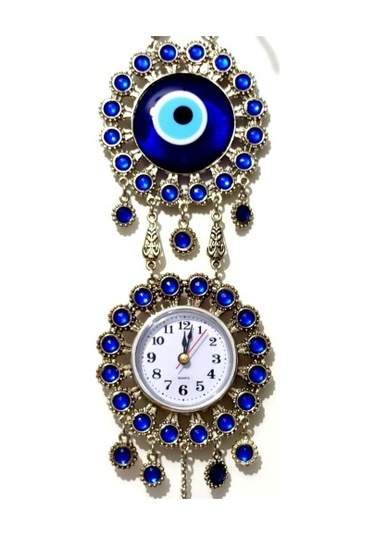 Nikel Zamak Kaplamalı Nazar Boncuklu Gümüş Rengi Mini Duvar Saati Çok Renki