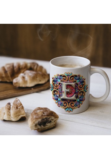 E Harfi Boho Bardak, Renkli Özel Tasarım Hediyelik Harfli Kupa, 330ml Porselen Beyaz
