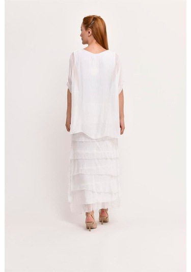 İtalyan 2 Beden İnce Gösteren Yarım Kol Kat Kat Ipek Elbise Beyaz