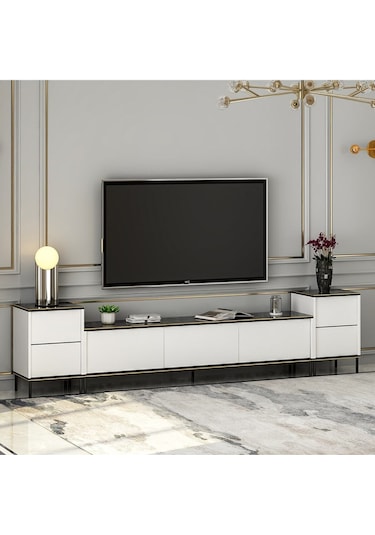 İmaj Tv Ünitesi Ve Komodin Set Traverten/gold, Oturma Odası Set, Tv Sehpası - Beyaz Beyaz