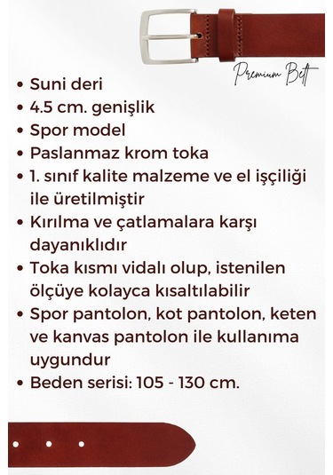 Kahverengi Suni Deri Ortası Sarı Dikişli Model 4.5 Cm.lik Unisex Spor Kemer - 4509-10 Kahverengi