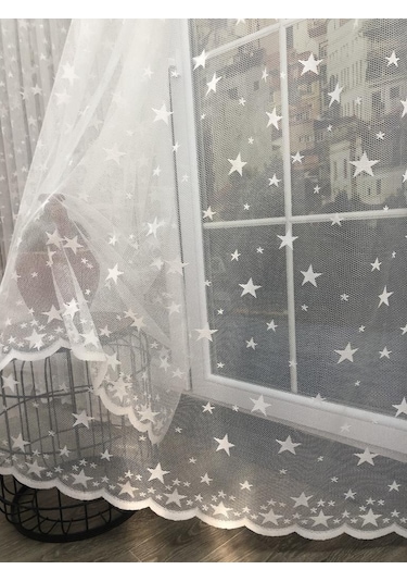 Tül Perde Çocuk Odası Irili Ufaklı Yıldız Desen Örme Kumaş Ekru