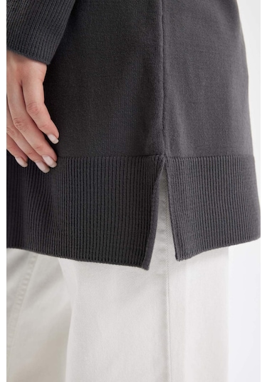 DeFacto Regular Fit Bisiklet Yaka Yırtmaçlı Basic Düz Triko Kazak Tunik H3431AZ24AUAR161 Antrasit