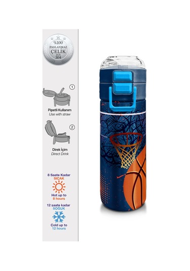 Coral High Kids Turuncu Lacivert Basketbol Desenli Pipetli Ve Direkt İçim Çelik Termos 500 Ml 31967 Turuncu
