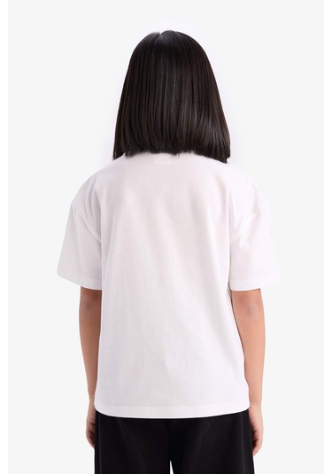 DeFacto Kız Çocuk Relax Fit Bisiklet Yaka Baskılı Kısa Kollu Tişört E0353A825SMWT34 Beyaz