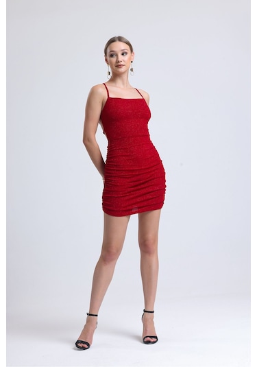 Sırttan Çapraz Bağlamalı Kırmızı Simli Mezuniyet Elbisesi Kırmızı