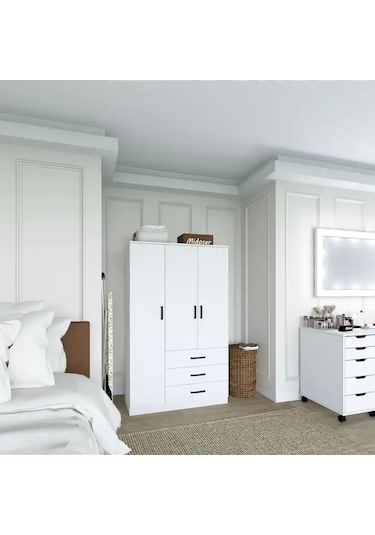 Easy Mat Beyaz 3 Kapılı 3 Çekmeceli Çok Amaçlı Elbise Dolabı Beyaz