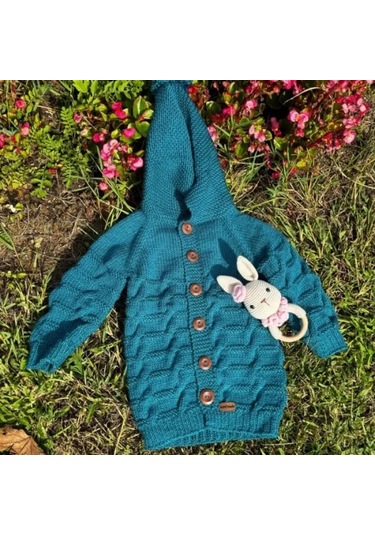 Uretti - Talia 8659 - 7872 El Örgüsü Mavi Kapüşonlu Erkek Çocuk Hırka - 2 / 3 Yaş Petrol Mavi