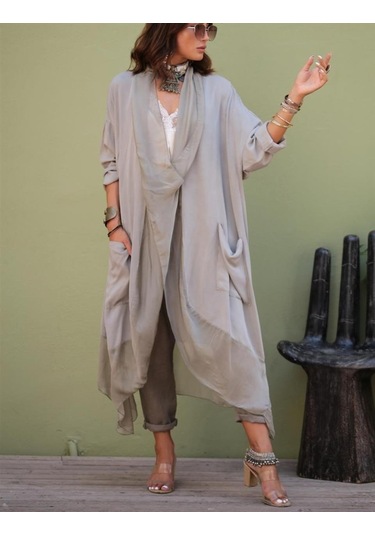 Italyan Ipek Detaylı Oversize Kaftan & Bluz-8711 Vizon