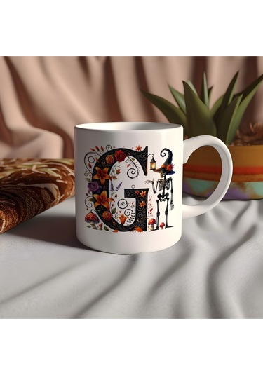 G Harfi Şapkalı İskelet Figürlü Ve Çiçekli Kupa Bardak - Cadılar Bayramı / Halloween Özel Hediye Beyaz