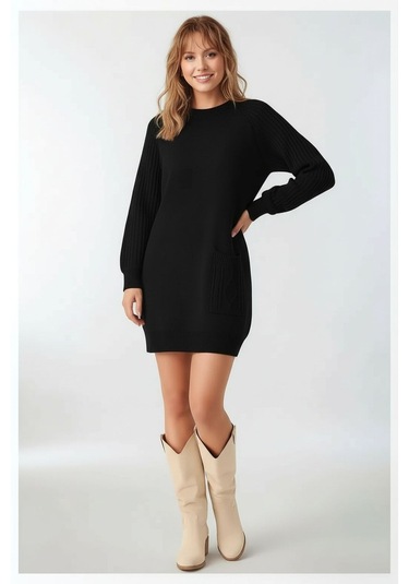 Kadın Kolları Uzun Kendinden Dokulu Bisiklet Yaka Tunik Boy Şık Kışlık Triko Büyük Beden Kazak Siyah