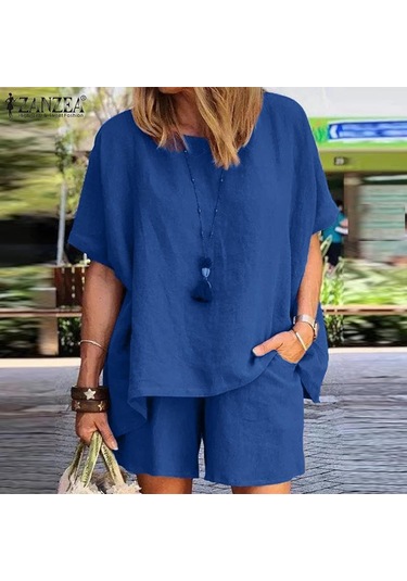 Zanzea Kadın Rahat Pamuk Kıyafetler Yaz Yarım Kollu T-shirt Ve Şort Iki Parçalı Takım Elbise Set Kraliyet Mavisi Zanzea Kadın Rahat Pamuk Kıyafetler Yaz Yarım Kollu T-shirt Ve Şort Iki Parçalı Takım Elbise Set Kraliyet Mavisi