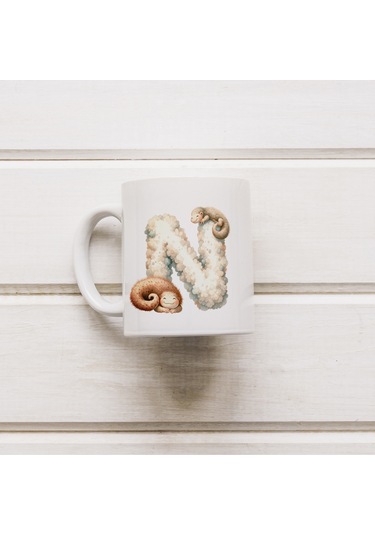 N Harfi Tasarım Bardak, Sevimli Hayvan Temalı Harf Bardağı Beyaz