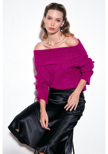 Lela Oversize Fit Madonna Yaka Triko Bayan Kazak 4615216 Fuşya