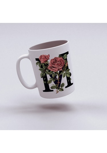 M Baş Harf Kırmızı Güller İle Sarılı Bardak 330 Ml Kişiye Özel Çiçekli Hediye Beyaz