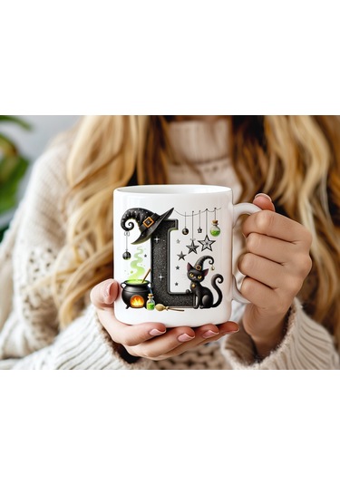 L Harfli Halloween Kedili Figür Kupa Bardak - Şapkalı Ve Kazanlı İsme Özel Kupa - Hediye 07 Beyaz