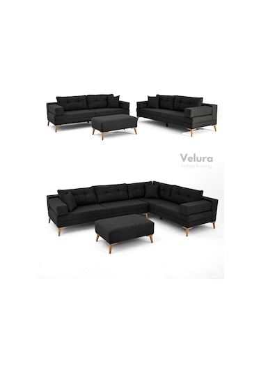 Zeri Yataklı Puzzle Modüler Köşe Koltuk Takımı & Puflu Köşe Takımı - Siyah - 111 Siyah