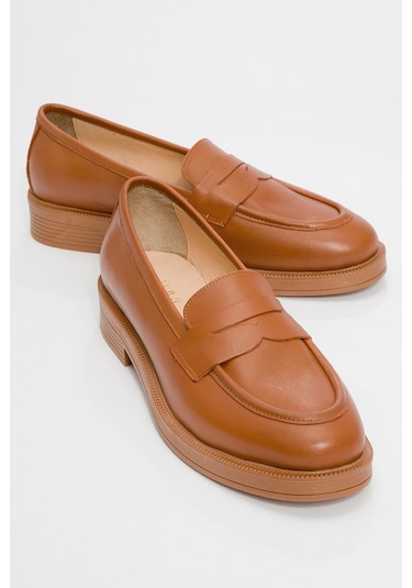 Pline Taba Cilt Hakiki Deri Kadın Loafer Ayakkabı Taba