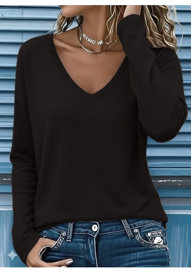 Tua Moda Kadın Uzun Kollu V Yakalı Viskon Iki Iplik Bluz Kahve