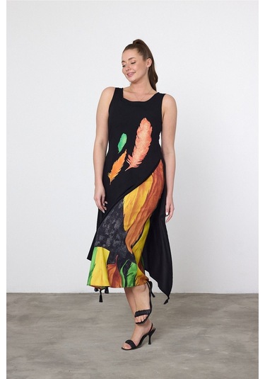 Schık Kadın Yazlık Bol Kolsuz Rahat Baskılı Elbise Turuncu