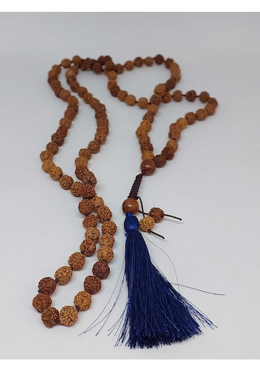 Rudraksha Tohumlu Lacivert Püsküllü 108'lik Ara Düğümlü El Yapımı