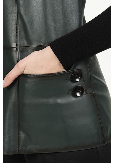 Dericlub Yb-2017 Gerçek Deri Kadın Yelek Yeşil