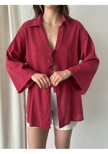 Bordo %100 Keten Bağcık Detaylı Kimono Bluz - 5218 Bordo