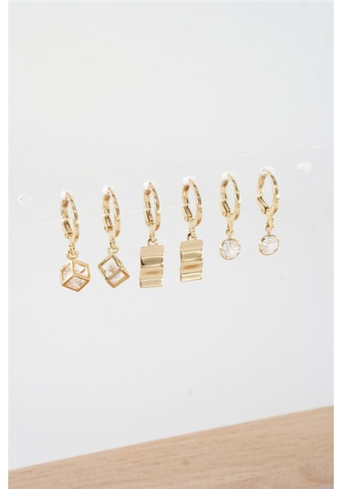 Byzeynaaksesuar Kadın Zirkon Taşlı Sallantılı Kare Figürlü Klipsli 6'lı Küpe Seti Çok Renkli
