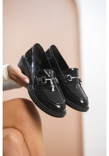 Garantili Horse Kadın Zincirli Loafer Günlük Ayakkabı Siyah-rugan