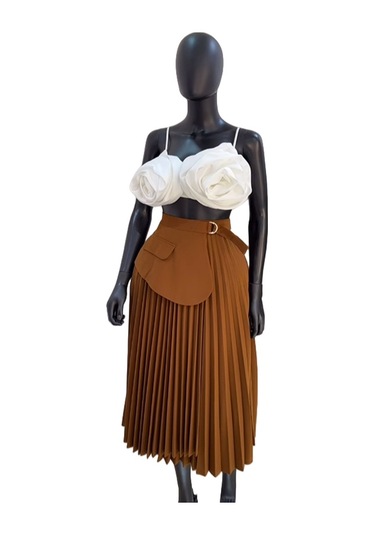 Kadınlar İçin Pileli Etekli Yüksek Bel Düzensiz Bağcıklı A Kesim Etek Kahverengi
