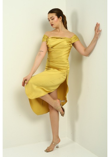 Kadın Madonna Yaka Drapeli Asimetrik Saten Kısa Elbise Sarı