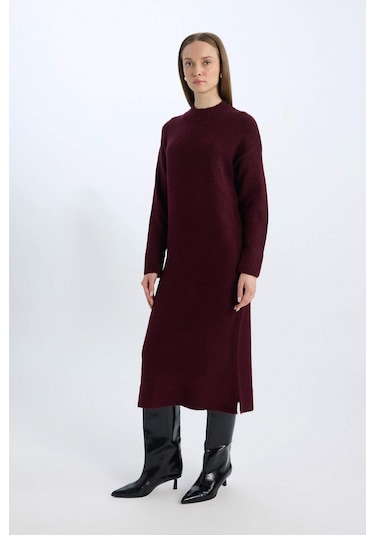 DeFacto Relax Fit Yarım Balıkçı Yaka Midi Triko Bordo Elbise D8596AX24WNBR467