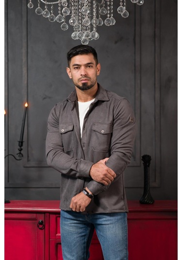 Advante Regular Fit Likralı Çift Cepli Pamuklu Astarsız Süet Gömlek Antrasit