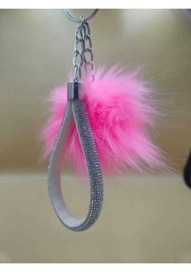 Gümüş Taşlı Tilki Tüyü Şeker Pembe Angel Anahtarlık