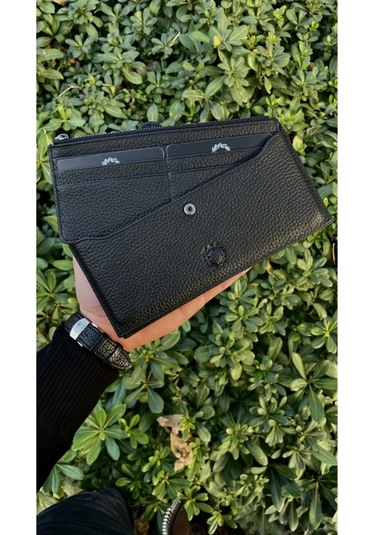Mat Black Peony Hakiki Deri Telefon Cüzdanı Siyah