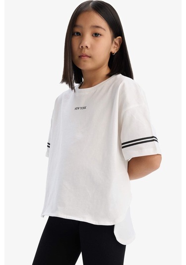 DeFacto Kız Çocuk 2'li Takım Kısa Kollu Baskılı Tişört Tayt E3815A825SMER105 Ekru