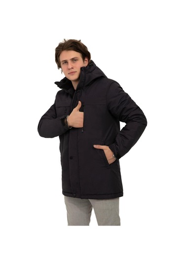 Erkek Polarlı Kürklü Su Ve Rüzgar Geçirmez Kapüşonlu Kışlık Mont & Kaban & Parka Lacivert