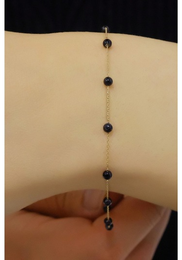 Siyah Incili Bileklik 14 Ayar Sarı Altın