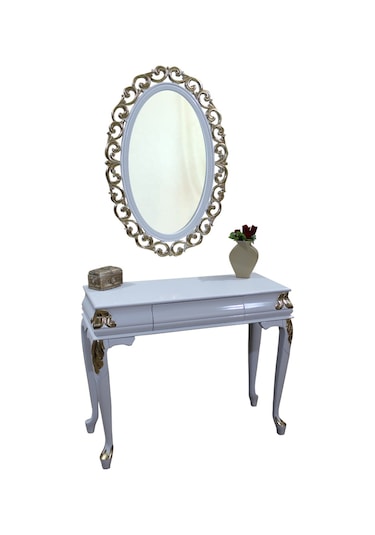 Dresuar-Zigon Takım ASLAN Model Kayın Oyma Varak Parlak Beyaz Boya Nakış OVAL ayna El Yapım Beyaz