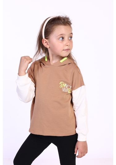 Toontoy Kız Çocuk Kapüşonlu Blok Renkli Sweatshirt Kahverengi
