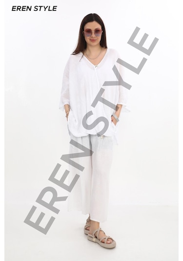 Bohem Kuruvaze Tek Düğmeli Keten Bluz-9884 Beyaz