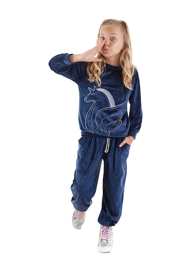 Denokids Kadife Unicorn Kız Çocuk Eşofman Takımı - Lacivert